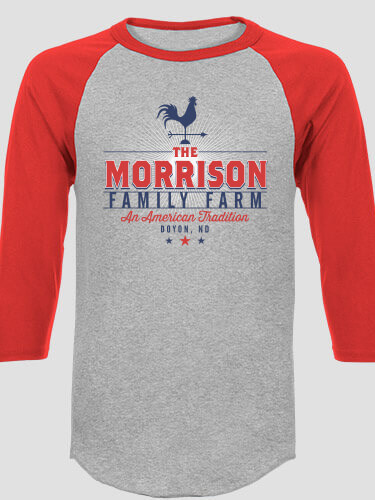 American Farm Sports Grey/Red Adult Raglan 3/4 Sleeve T-Shirt