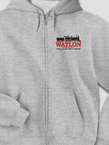 Still Plays With Trains Sports Grey Embroidered Zippered Hooded Sweatshirt