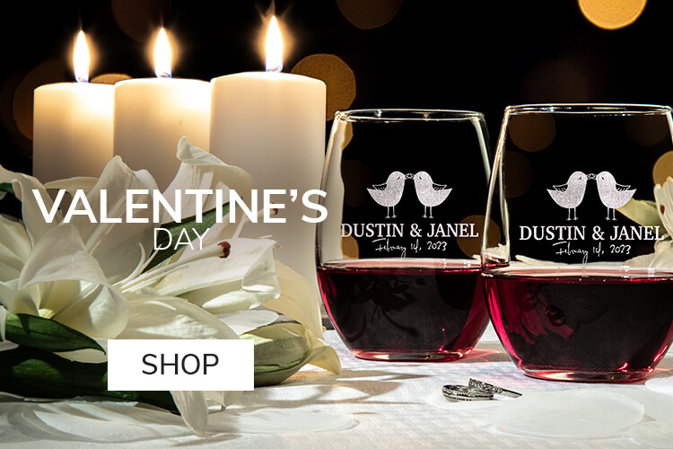Personalized and custom Valentine's Day shirts, sweatshirts, and hats add a touch of fun to the romance. Personalize our custom wine glasses, pint glasses, or coasters with the name of your special someone for a sweet 'n unique gift-giving idea.