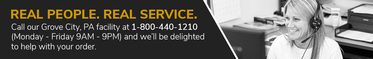 Real People. Real Service. A smiling and cheerful customer service representative speaks to a customer on the phone. Call our Grove City, PA office to place an order or to ask any questions. 1 800 440 1210.
