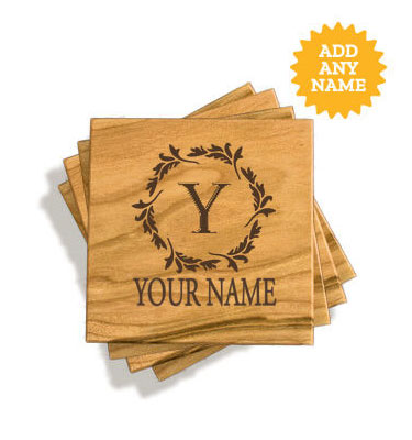 Wreath Monogram Cherry Wood Coasters