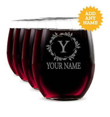 Wreath Monogram Stemless Wine Glasses