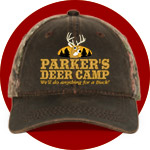 Denim colored structured trucker hat with engraved leather patch reading Your Name Ranch, with your location and branding iron style monogram.