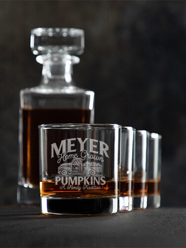 A672 Pumpkins - Personalized glass decanter with four rocks glasses lined up, showing engraved design with vintage truck loaded with pumpkins.