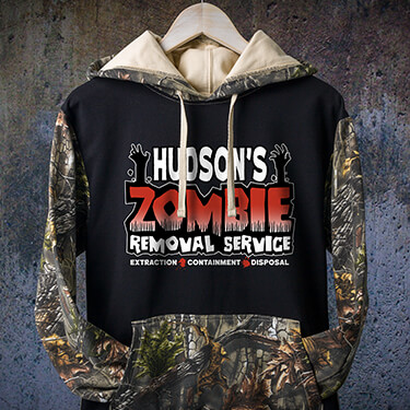 A402 Zombie Removal Service - Your Name Zombie Removal Service. Extraction, Containment, Disposal. Two zombie hands reaching out of the ground, on a two tone camo hooded sweatshirt.