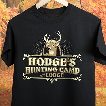 A160 Hunting Camp - A Buck looking over Your Name Hunting Camp and Lodge on a t-shirt.