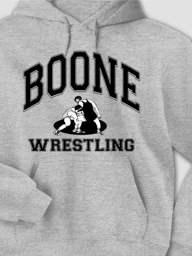 A171 Wrestling - Your Name, Wrestling in a classic athletic font around Greco Roman wrestlers on a grey hoodie.