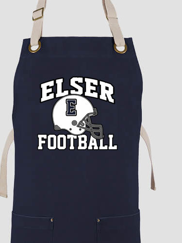 A455 Football Helmet - Your Name Football, around a football helmet with your initial, on a navy blue canvas work apron.