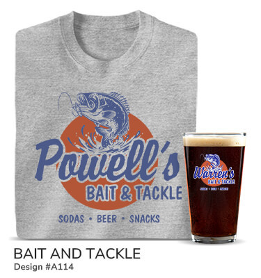 A114 | Bait and Tackle - Largemouth Bass Jumping above Your Name, Bait and Tackle, sodas, beer, snacks, on a grey tee and a color printed pint glass.
