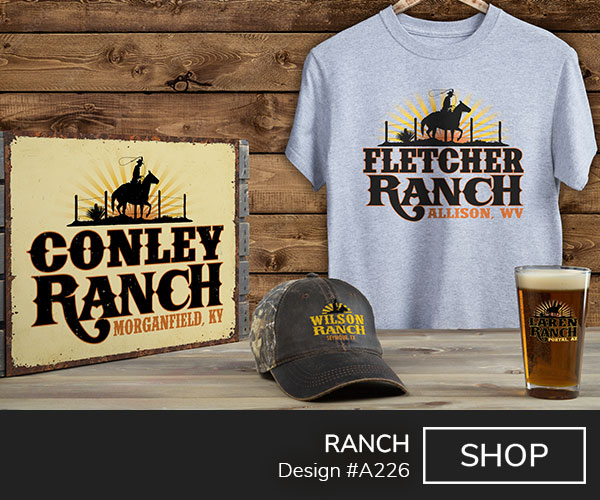 A226 | Ranch - Silhouette of a cowboy riding a horse and spinning a lasso, in front of a sunburst, above Your Name Ranch, Your Location, on a grey T shirt, 2 tone camo hat, color printed pint glass, and tin sign.