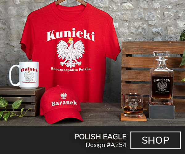 A254 | Polish Eagle - Your Name above the Polish Coat of Arms above Rczezpospolita Polska on a red T shirt, red baseball hat, engraved decanter, engraved rocks glass, and a ceramic coffee mug.