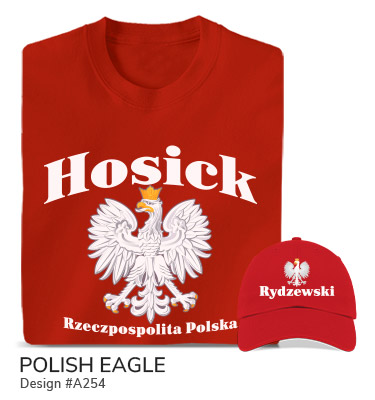 A254 | Polish Eagle - Your Name above the Polish Coat of Arms above Rczezpospolita Polska on a red tee and red baseball hat. 