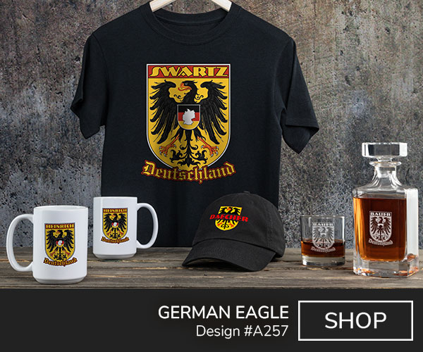 Design #A257 | German Eagle - Your Name over the official German coat of arms eagle, with a centered shield in German flag colors and an outline of Germany, above Deutschland, on a black T shirt, embroidered black baseball hat, color printed coffee mugs, engraved whiskey decanter, and engraved rocks glass.