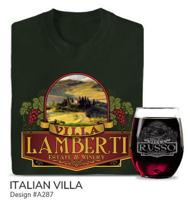 A287 | Italian Villa - Grape leaves flank an Italian landscape above Villa Your Name Estate and Winery on a forest green tee and engraved wine glass.