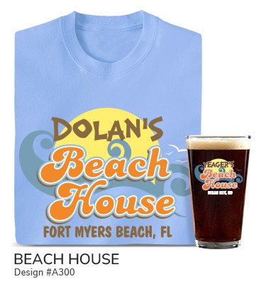 A300 | Beach House - Your Name beach house, your place in front of waves and a sunset in vintage coastal style on a light blue T shirt and a color printed pint glass.