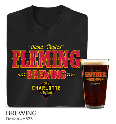 A323 | Brewing - Hand Crafted Your Name Brewing, The Your Location Original, in a classic neighborhood bar style on a black tee and color printed pint glass.
