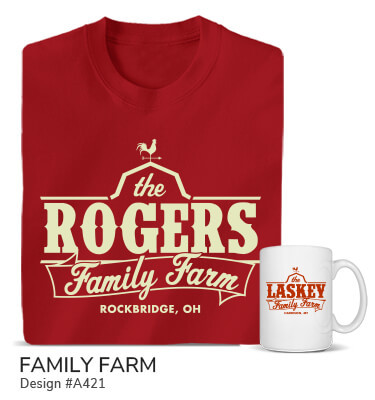 A421 | Family Farm - Outline of barn roof with weathervane above The Your Name Family Farm and Your Location on a red T shirt and ceramic coffee mug.