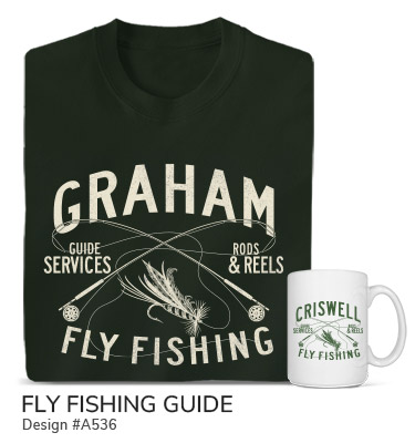A536 | Fly Fishing Guide - Your Name Fly Fishing, Guide Services, Rods and Reels, around two fly rods and a hand tied fly, on a forest green tee and ceramic coffee mug.