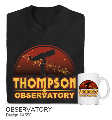 A550 | Observatory - Silhouette of a telescope in front of a night sky above Your Name Observatory on a black tee and ceramic coffee mug.