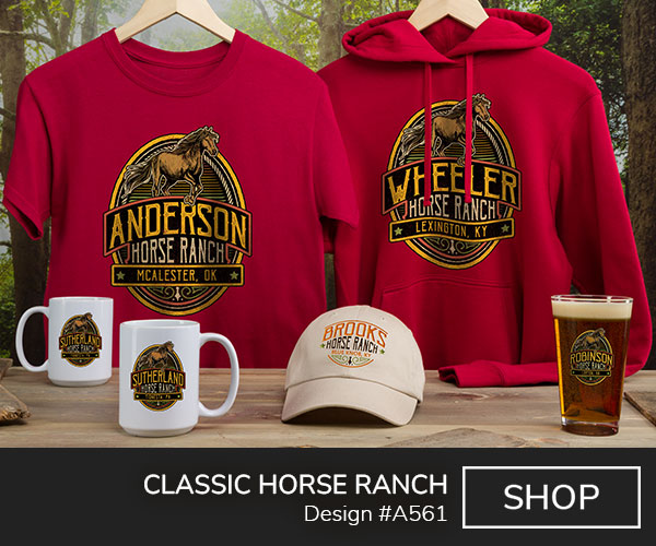 A561 | Classic Horse Ranch - A trotting horse above Your Name, Horse Ranch, Your Location on a red tee, embroidered baseball hat, ceramic coffee mugs, and a color printed pint glass.
