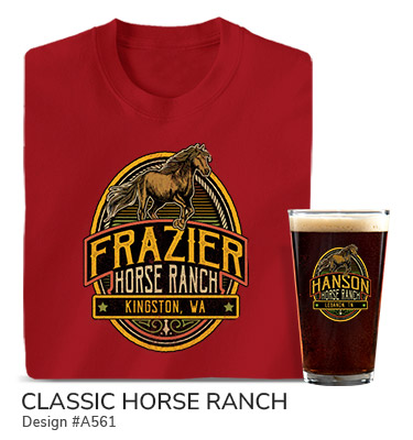 A561 | Classic Horse Ranch - A trotting horse above Your Name, Horse Ranch, Your Location on a red tee and a color printed pint glass.
