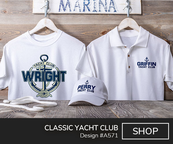 A571 | Classic Yacht Club - Your Name, Yacht Club in a rope circle with a sailor's knot in front of an anchor, on a white T shirt, white Adidas baseball hat, and a white polo shirt.