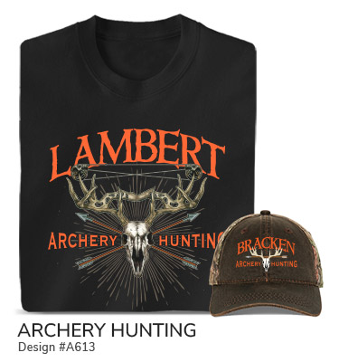 A613 | Archery Hunting - Your Name Archery Hunting around a buck skull with a compound bow for antlers and an X made of arrows, on a black t shirt and 2 tone camo hat.