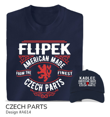 A614 | Czech Parts - Your Name, American Made From The Finest Czech Parts, around the double tailed Czech Lion on a navy T shirt and navy embroidered baseball hat.