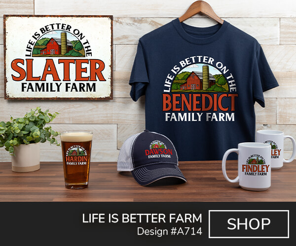 A714 | Life Is Better Farm - Life Is Better On The Your Name Farm around a classic barn and silo landscape on a tin sign, navy blue tee, color printed pint glass, navy blue trucker hat, and ceramic coffee mugs.