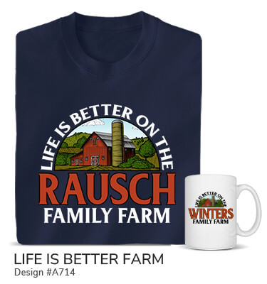 A714 | Life Is Better Farm - Life Is Better On The Your Name Farm around a classic barn and silo landscape on a navy blue tee and ceramic coffee mug.