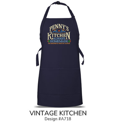 Vintage Kitchen - Your Name Kitchen, Always Home Made, Seasoned With Love on a navy blue apron.