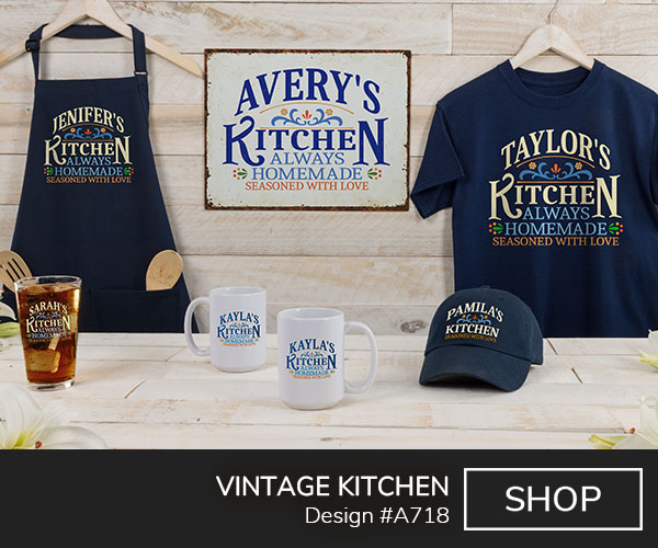 A718 | Vintage Kitchen - Your Name Kitchen, Always Homemade, Seasoned With Love, in an Americana style, on a navy blue tee, navy apron, tin sign, color printed pint glass, and ceramic coffee mugs.