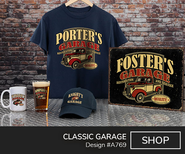 Your Name Garage, Restoration and Service, above a vintage pickup truck on a navy blue tee, tin sign, navy blue baseball hat, ceramic coffee mug, and a color printed pint glass.