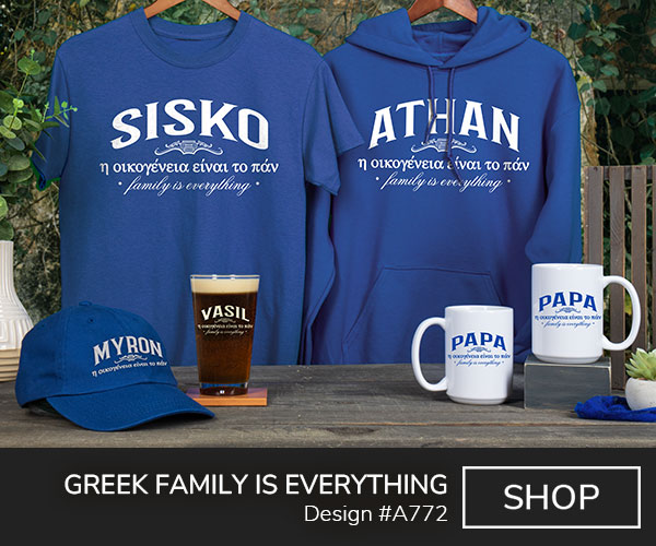 A772 | Greek Family Is Everything - Your Name, Family Is Everything, around the Greek translation of family is everything, on a blue tee, blue hoodie, blue hat, color printed pint glass, and ceramic coffee mugs.