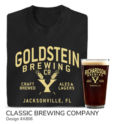 Your Name Brewing Company, Craft Brewed Ales and Lagers, Your Location, around a monogram and some hops, on a black T shirt and color printed pint glass.