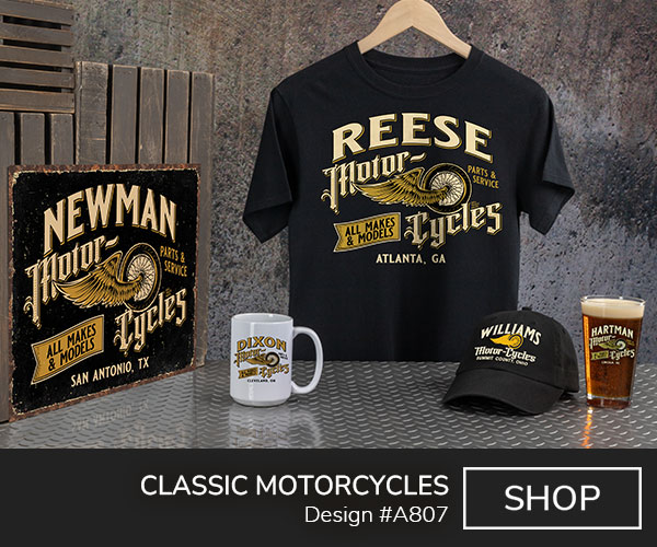 A807 | Classic Motorcycles - Your Name Motorcycles, Parts and Service, All Makes and Models, Your Location, around a motorcycle wheel with a large eagle wing, on a black T shirt, black baseball hat, tin sign, ceramic coffee mug, and color printed pint glass.