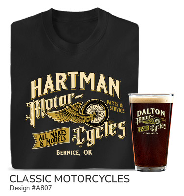 Your Name Motorcycles, Parts And Service, All Makes And Models, Your Location, around a motorcycle wheel and large bird of prey wings, on a black tee and color printed pint glass.