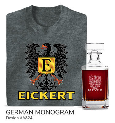 A824 | German Monogram - Your Name over the official German coat of arms eagle, with a centered shield in German flag colors and an outline of Germany, above Deutschland, on a dark heather T shirt and an engraved whiskey decanter.