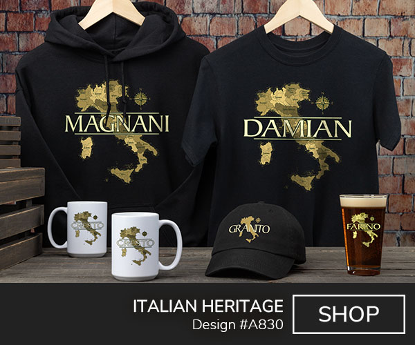 A830 | Italian Heritage - Your Name over a map of Italy on a black T shirt, black hoodie, ceramic coffee mugs, black hat, and color printed pint glass.