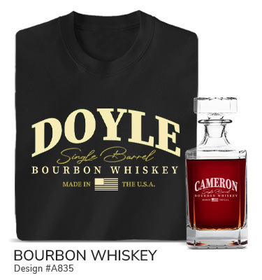 A835 | Bourbon Whiskey - Your Name Single Barrel Bourbon Whiskey, Made in the U.S.A., with an American flag, on a black T shirt and engraved whiskey decanter.