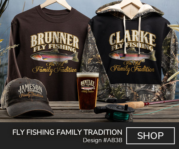 A838 | Fly Fishing Family Tradition - Your Name Fly Fishing above a largemouth bass, An Old Family Tradition, on a 2 tone camo hoodie, dark chocolate long sleeve T shirt, color printed pint glass, 2 tone camo hat, and ceramic coffee mugs.