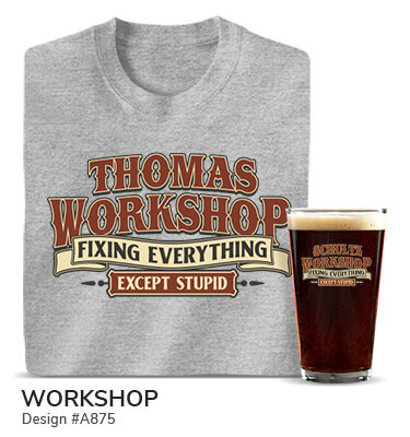 Your Name Workshop, Fixing Everything Except Stupid, on a grey tee shirt and a ceramic coffee mug.