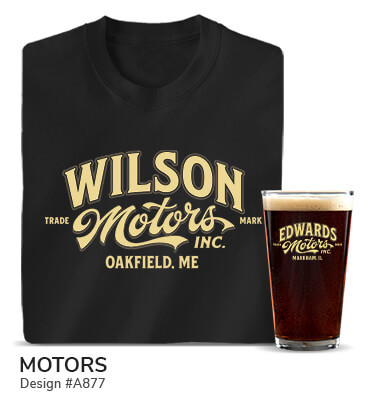 Your Name Motors Your Location in retro script on a black tee and a color printed pint glass.