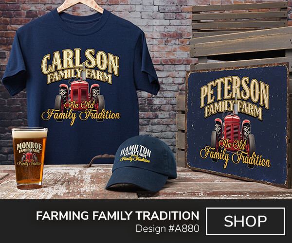 A880 | Farming Family Tradition - Your Name Family Farm, An Old Family Tradition, around a classic red tractor on a navy blue tee, tin sign, blue baseball hat, and color printed pint glass.