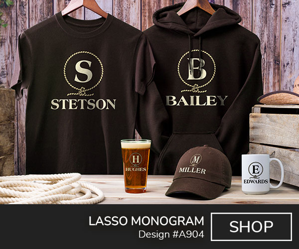 A904 | Lasso Monogram - Monogram inside a lasso loop above Your Name on a dark chocolate T shirt, hoodie, brown hat, color printed pint glass, and ceramic coffee mug.