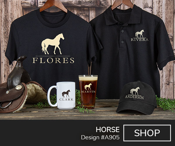 A905 | Horse - Simple silhouette of a horse above Your Name on a black tee, black polo shirt, black baseball hat, color printed pint glass, and ceramic coffee mug.