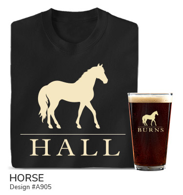 A905 | Horse - Simple silhouette of a horse above Your Name on a black T shirt and color printed pint glass.
