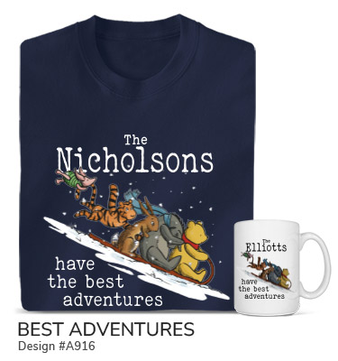 The Your Names Have The Best Adventures around Winnie-the-Pooh and friends sledding down a snowy hill on a navy blue T shirt and ceramic coffee mug.