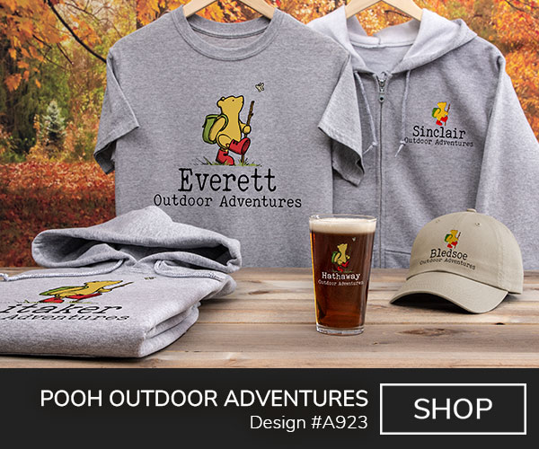 Design #A923 | Outdoor Adventures - Winnie The Pooh trekking with a backpack, hiking boots, and a walking stick, above Your Name Outdoor Adventures on a grey T shirt, grey zip up embroidered hoodie, stone hat, grey hooded sweatshirt, and color printed pint glass.