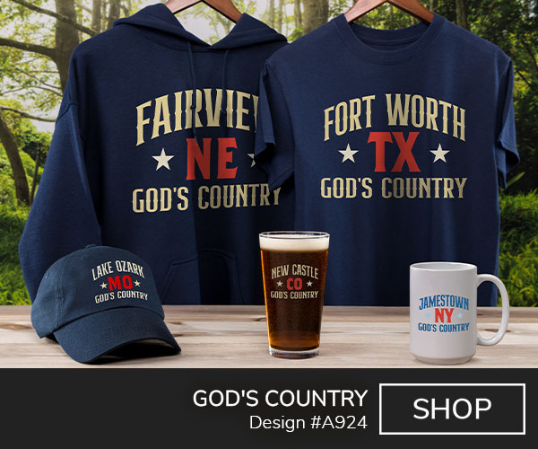 A924 | God's Country - Your Town above your state abbreviation in between two stars, above God's Country on navy T shirt, navy hooded sweatshirt, color printed pint glass, ceramic coffee mug, and navy embroidered baseball hat.
